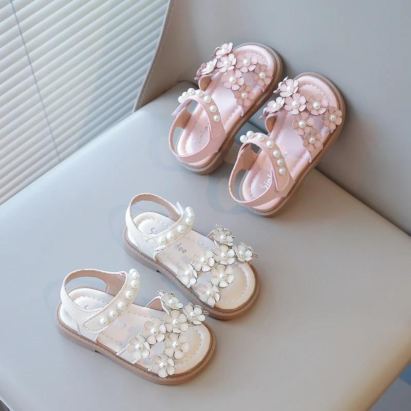 Little Girls Summer Shoes with Beads Princess Sweet Kids Floral Sandals Open Toes Anti-skid Size 21-30 Hook & Loop Bohemian Cute