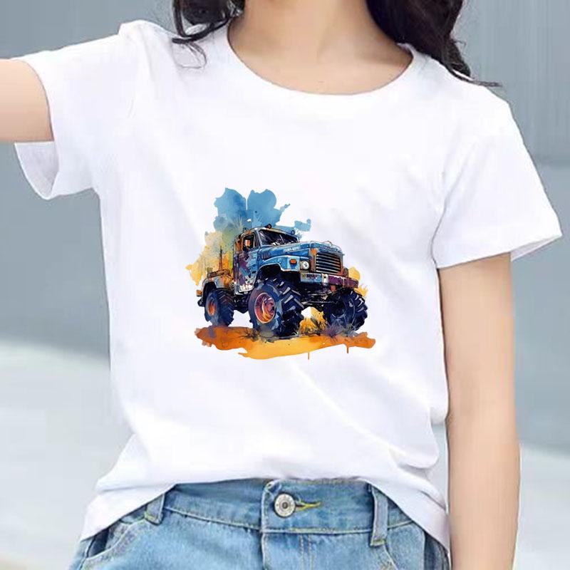 Kids Cotton T Shirt Cool Watercolor Offroad Car Print Crew Neck Short Sleeve Tee Casual Breathable Boys Girls Summer Tops