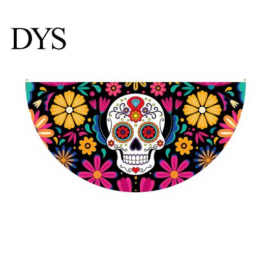 Colorful Cemetery Memorial Flag Day of The Dead Skull Bunting Banner, Marigold Print Fiesta Yard Sign Hanging Flag, Sugar Outdoor Party Decor