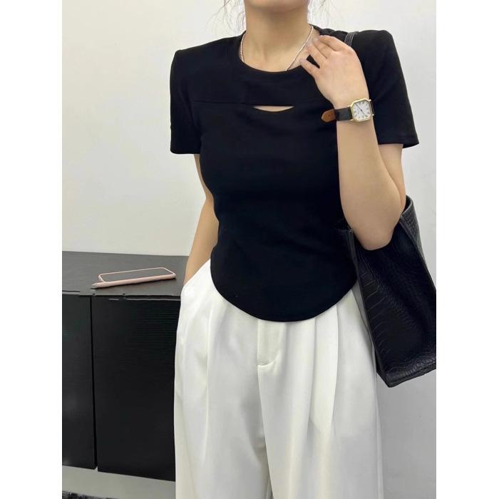 

Черная футболка с коротким рукавом и открытыми плечами для женщин на лето, новый нестандартный дизайн, нишевый короткий стиль, студент 2XL