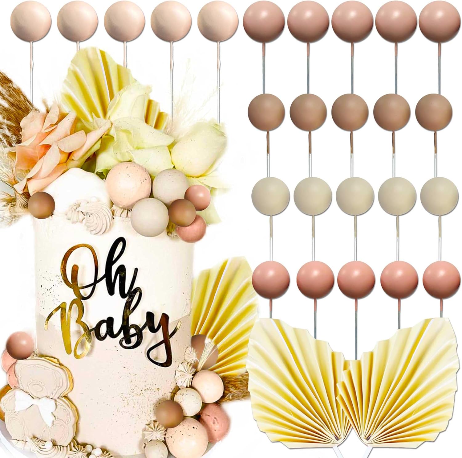 

30 PCS Boho Beige Balls Cake Decorations Brown Balls Gold Balls Cake Topper Cake Decorating for Baby Shower Birthday Wedding