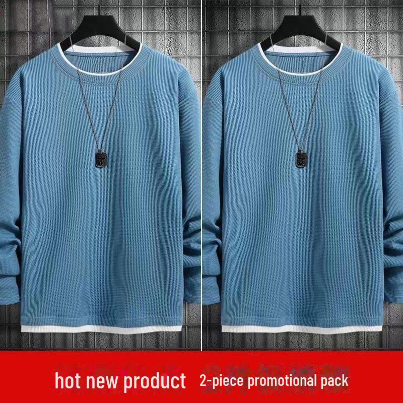 Unisex Fake Two-Piece Waffle Long-Sleeve Sweatshirt - Loose Round Neck, Solid Color, Large Size for Spring & Autumn