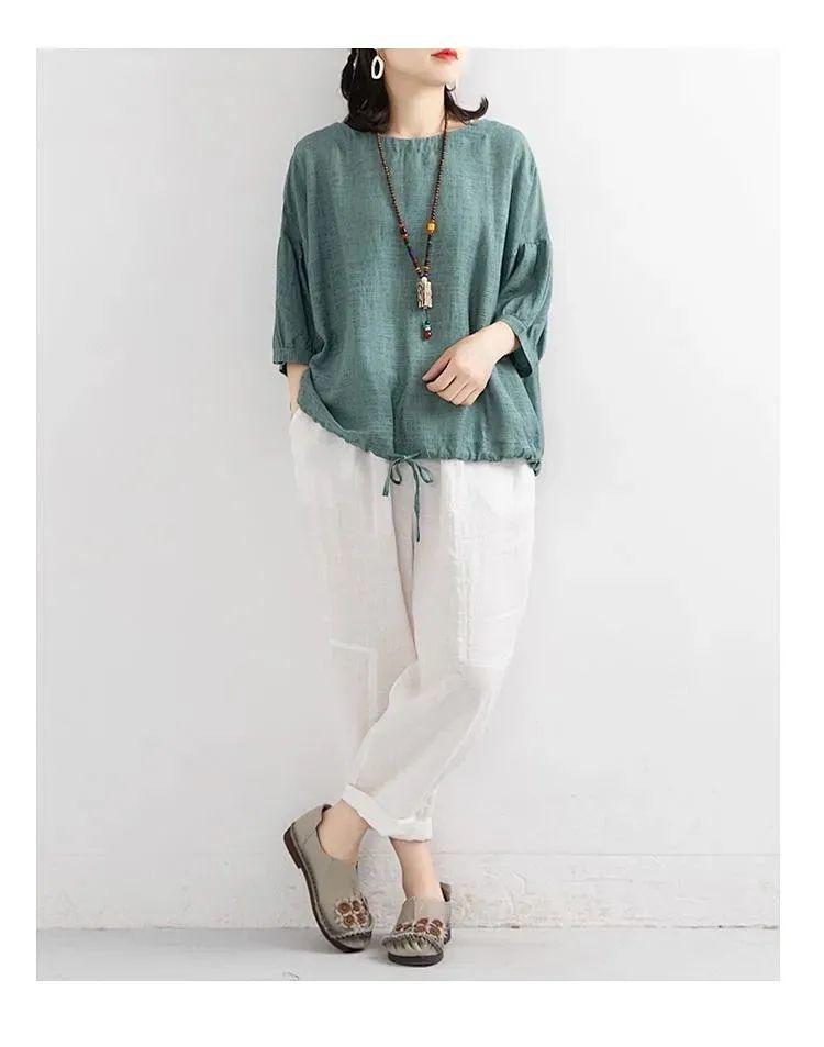 Women's Plus Size Batwing Sleeve Drawstring Hem T-shirt - Casual Round Neck Mid Sleeve, Summer 2024