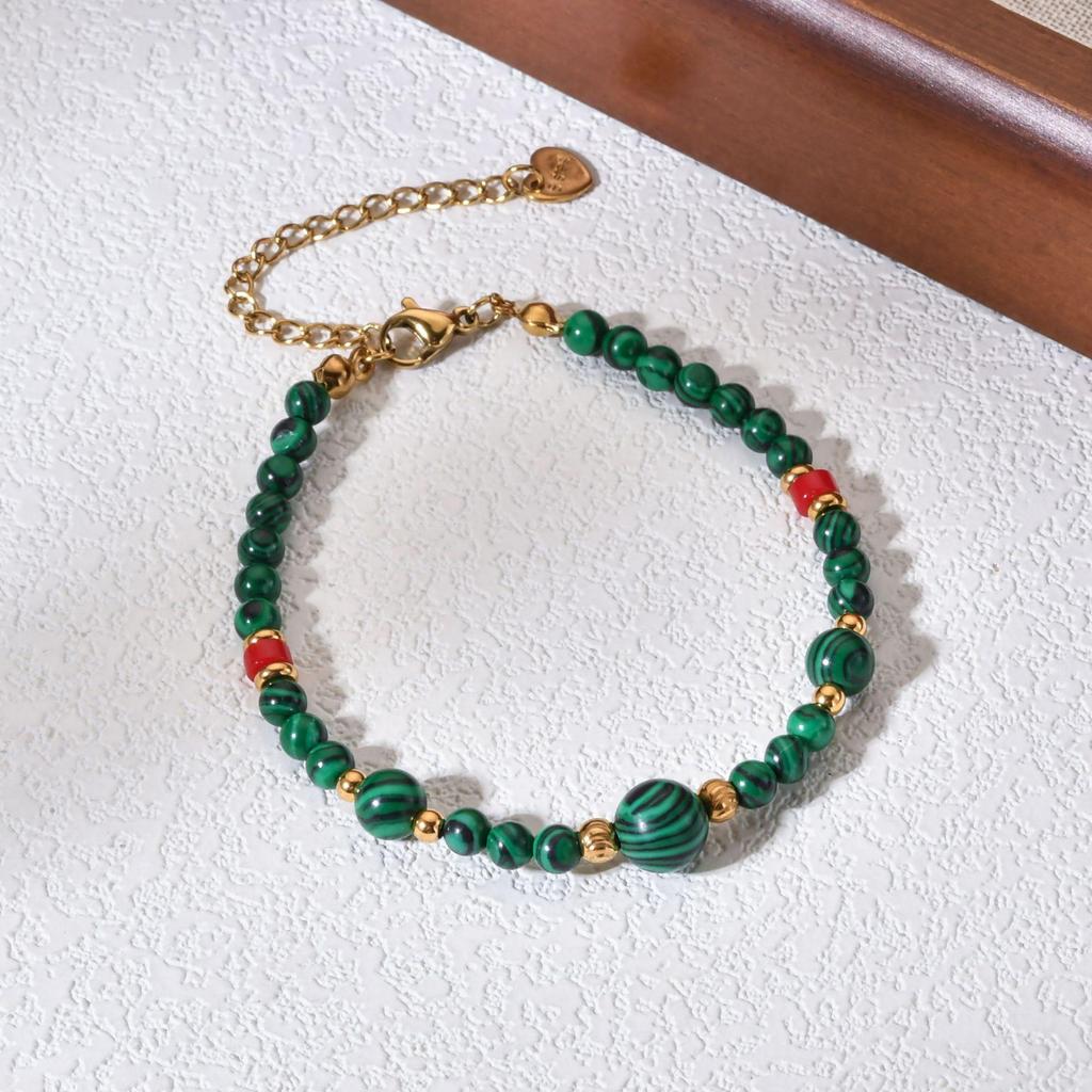 European Retro Malachite Pendant Necklace & Bracelet Set - Elegant Stainless Steel, High-End Luxury Clavicle Chain for Women