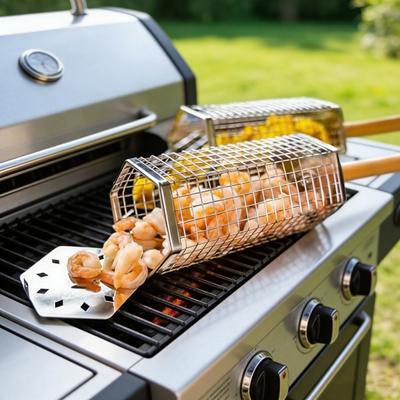 Stainless Steel Rolling BBQ Basket with Wooden Handle Rotating Grill Cage for Camping Picnics Space-Saving Nesting Design Grilling Basket for