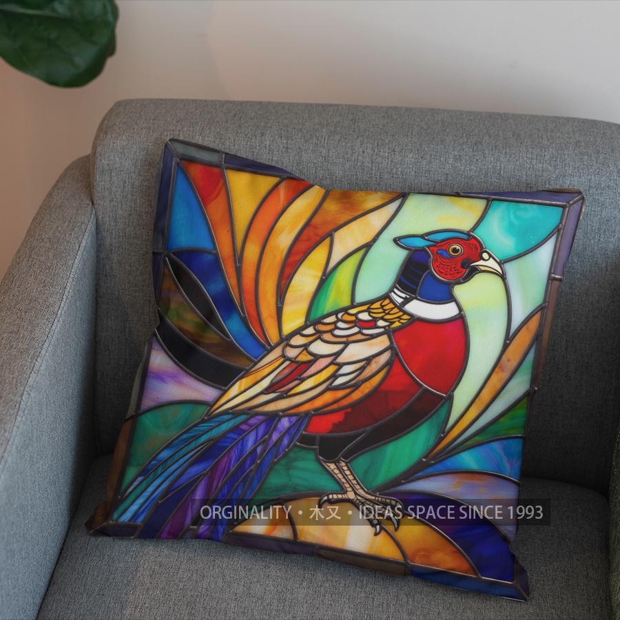 2D Colorful Stained Glass Pheasant Pattern Pillow Cover Pattern Cushion Cover Suitable For Sofa Bedroom Car Pillow Cover