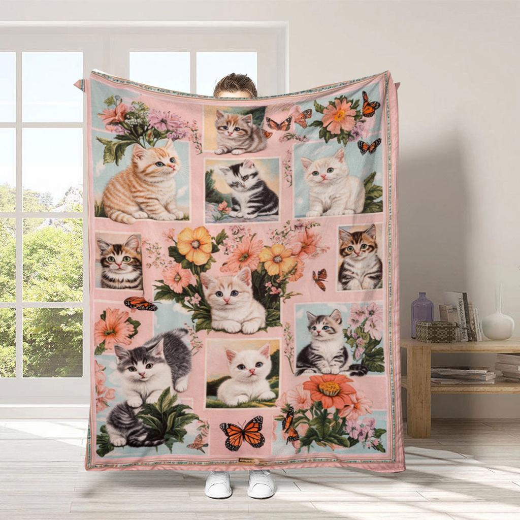 Vintage Pet Cat Digital-printed Polyester Bedroom Velvet Flannel Soft Sofa Cover Blanket Fleece Soft Cover Blankets for Beds