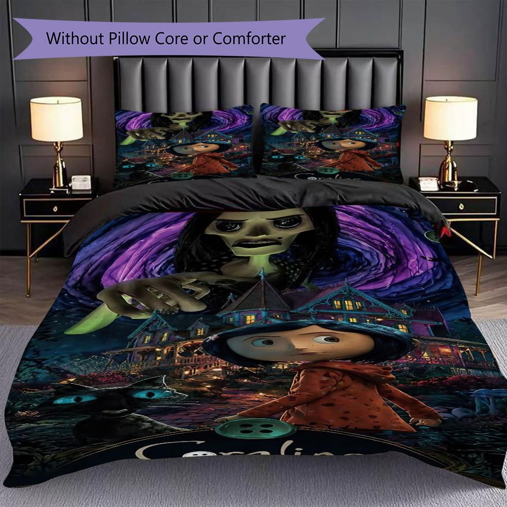 1PC Coraline Pattern Bedding Quilt Set Quilt Cover Pillowcase Home Decoration Birthday Gift (1 * Duvet Cover + 2 * Pillowcase, Without Core)