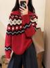 Women's Retro Fair Isle Wool Pullover - High Neck, Half Zip, Red, Thick for Autumn/Winter