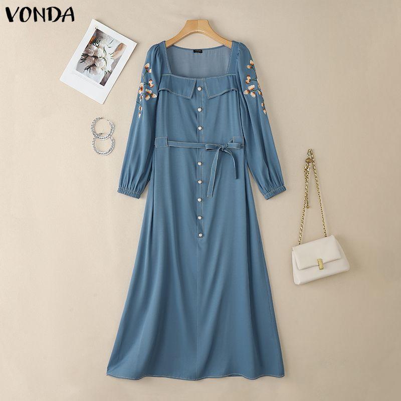 

VONDA Elegant Women Square Collar Long Sleeve Embroidery Patchwork Belt Casual Maxi Dress 2XL