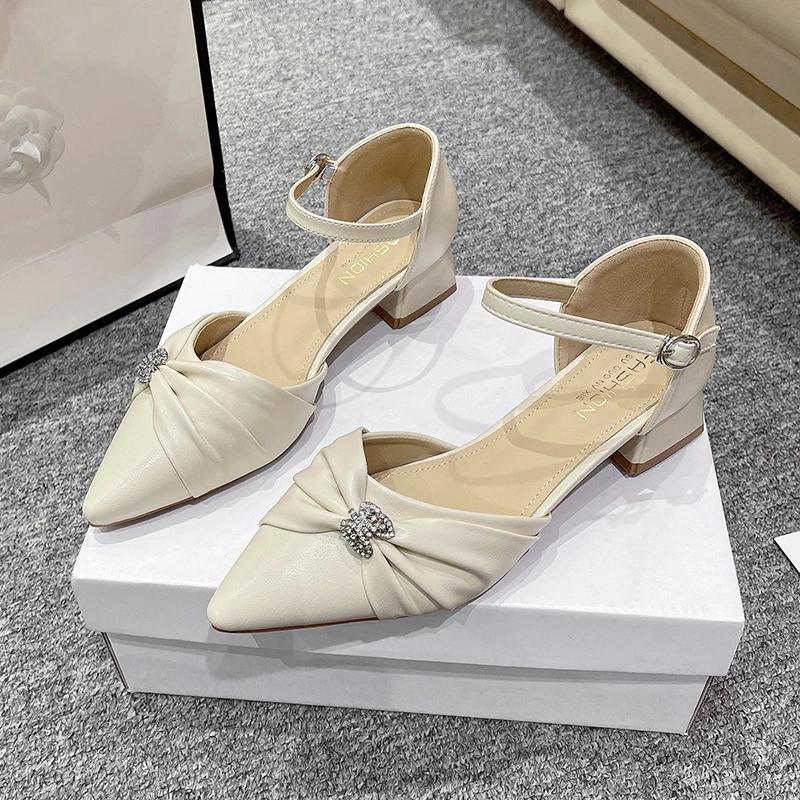 Baotou Thick Heel Sandals Spring New Pointed Head Shallow Mouth Crystal Buckle Butterfly Knot Line with Low Heel Shoes