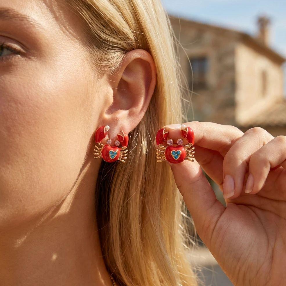 Summer Beach Rhinestone Love Heart Crab Stud Earrings For Women Shiny Zircon Red Crab Pearl Earring Vacation Holiday Jewelry
