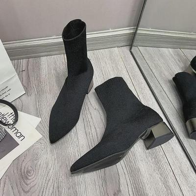 Botines de calcetín de punto negros de punta para mujer con tacón bajo y grueso - Nuevo Otoño/Invierno 2024 Ajuste ceñido elástico