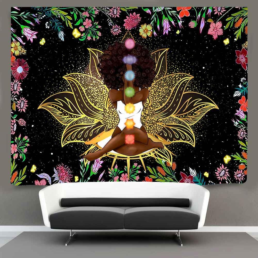 African Tapestry African American Woman Zen Meditation Tapestries Starry Sky Flower Garden Inspirational Afro Yoga Wall Poster