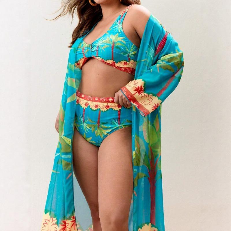 Plus Size Printed Bikini Swimsuit Three Piece Set With Long Sleeve Beach Cover Up