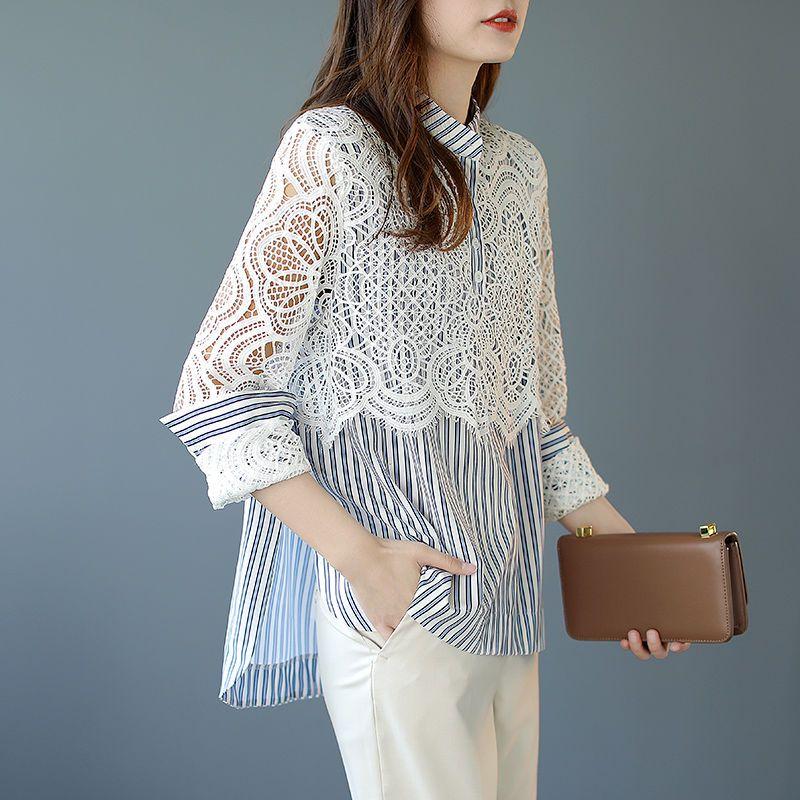 

Весна Осень Новая Мода Полосатая Рубашка Женщины Высокая Улица Повседневная Свободная Пуловеры на Пуговицах Кружевная Вставка Ажурные Элегантные Топы 4XL синий