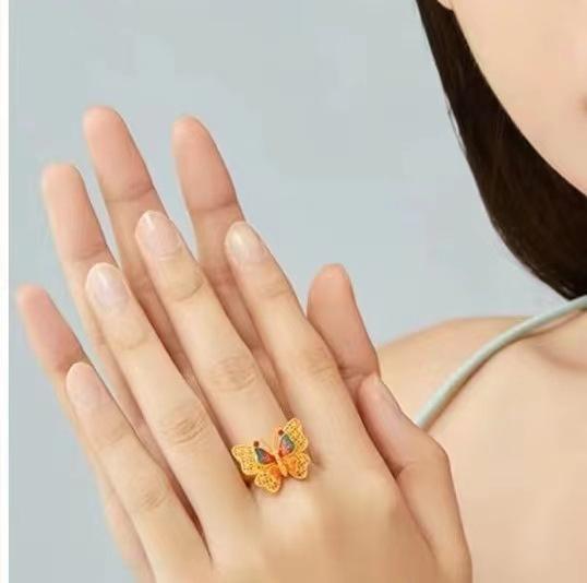 

Шелковистый Элегантный Цветок Эмаль Бабочка Кольцо и Подвеска Набор Ювелирных Изделий Золотого Цвета Ring