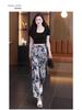 Ice Silk Printed Wide-Leg Women's Pants - Summer 2026, Elastic Waist, Loose Nine-Point Casual Straight-Leg Design