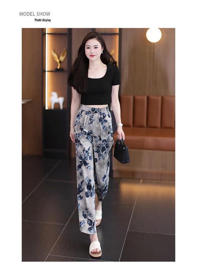 Ice Silk Printed Wide-Leg Women's Pants - Summer 2026, Elastic Waist, Loose Nine-Point Casual Straight-Leg Design