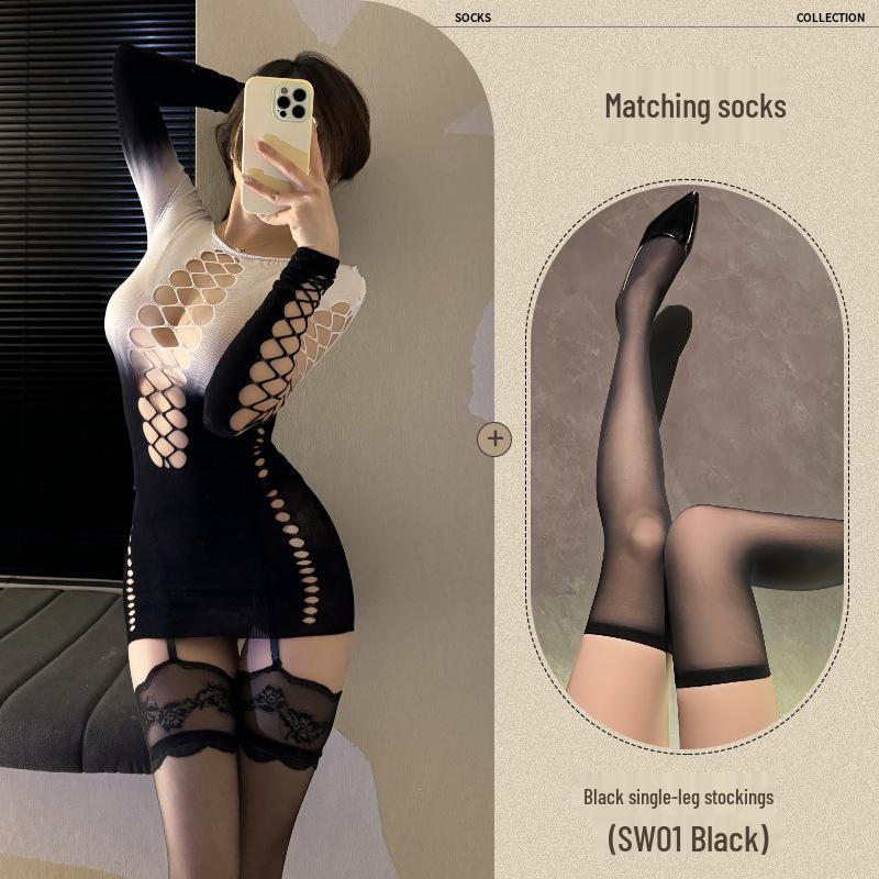 Colorful Gradient Mesh Suspender Skirt with Open Crotch and Hollow Design