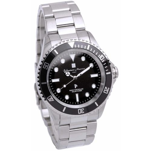 Salvatore Marra Men's Watch, Radio-Controlled Solar Watch, Unidirectional Rotating Bezel, 10 ATM Water Resistance, Italian Brand, Silver and Black, SM