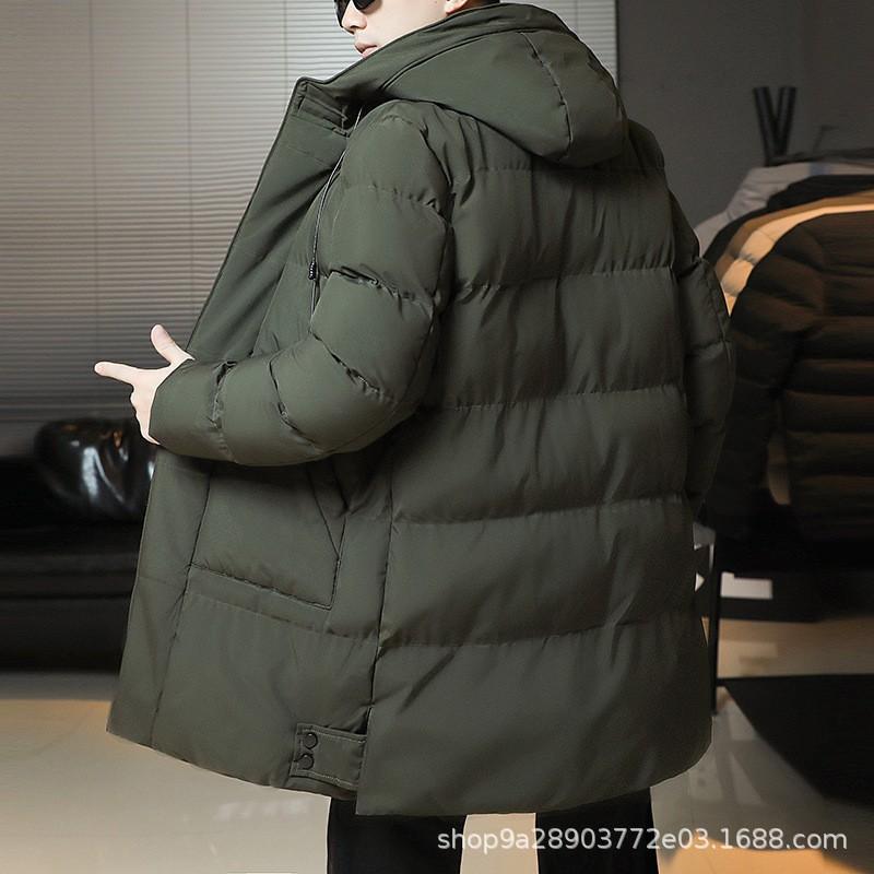 Mens Mid-Length Hooded Cotton Puffer Jacket Winter Warm Loose Fit Casual Coat Black Gray Green