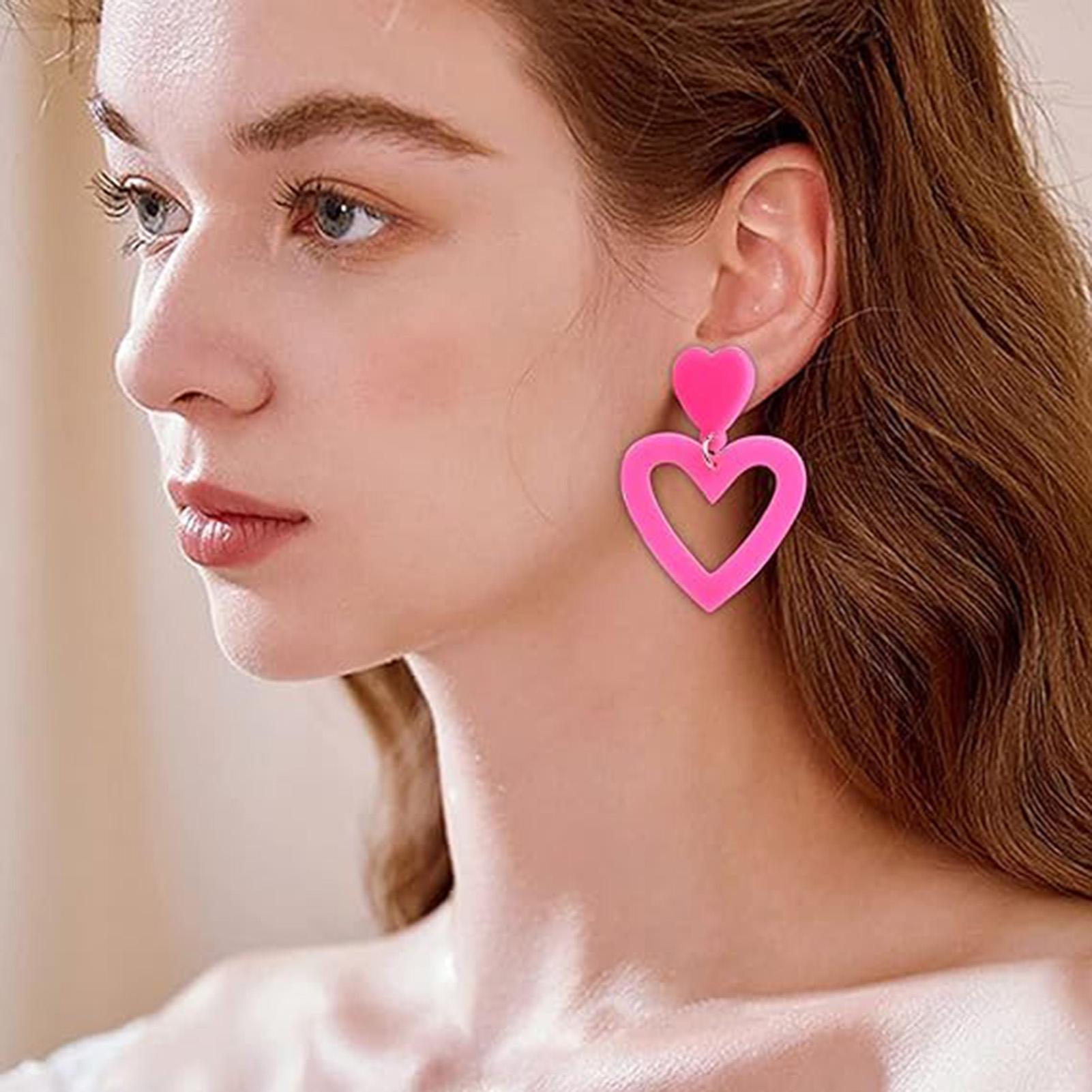 Pink Love Heart Earrings Unique Double Love Heart Pink Stud Dangle Earrings Jewelry Gifts for Wife Mom Girlfriend Her A