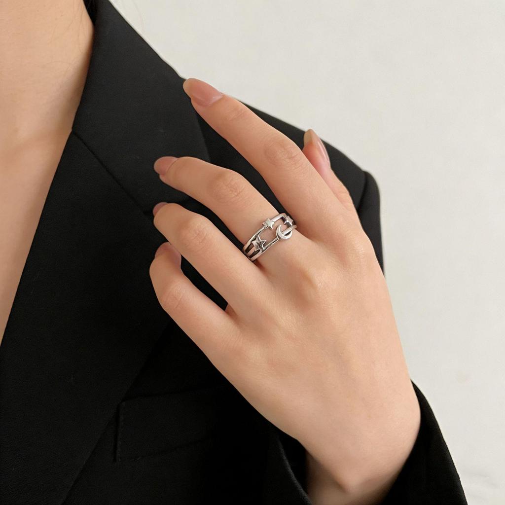 CaiYi S925 Sterling Silver Star & Moon Korean Style Ring for Women – Unique Design, Hollow Star Moon Index Finger Ring