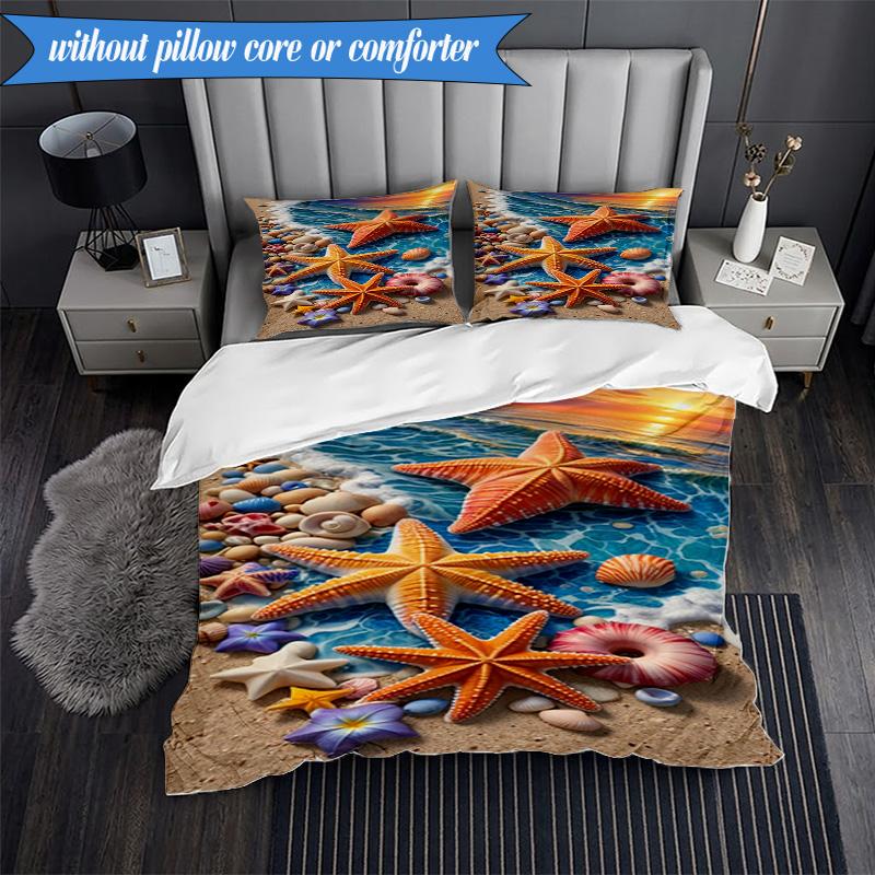 3PCS Ocean Starfish Shells Bedding Set,Including 1pc Duvet Cover And 2pcs Pillowcases Perfect for Bedroom, Dormitory, Fan Christmas gift