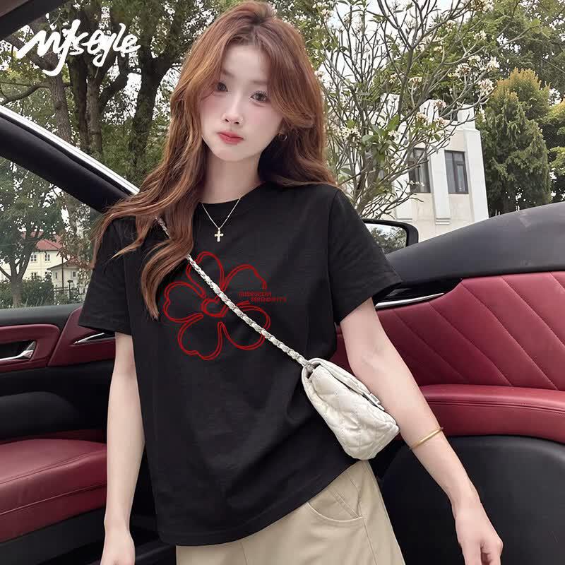 MJ STYLE Damen Herzlinien-Grafik-Baumwoll-T-Shirt