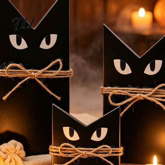 Black Cat Statue 3 Pcs Halloween Wooden Block Sign, Vintage Table Decoration Decor with Burlap Rope, Rustic Farmhouse Tiered Tray Centerpiece