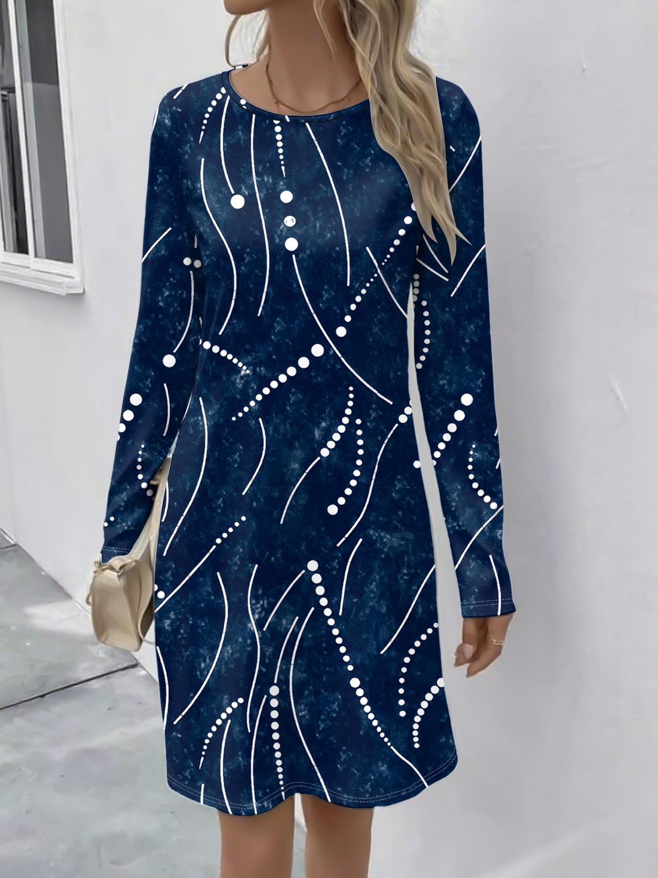 

Autumn and winter new long-sleeved crew neck printing fashionable versatile temperament elegant dress women s clothing S синий