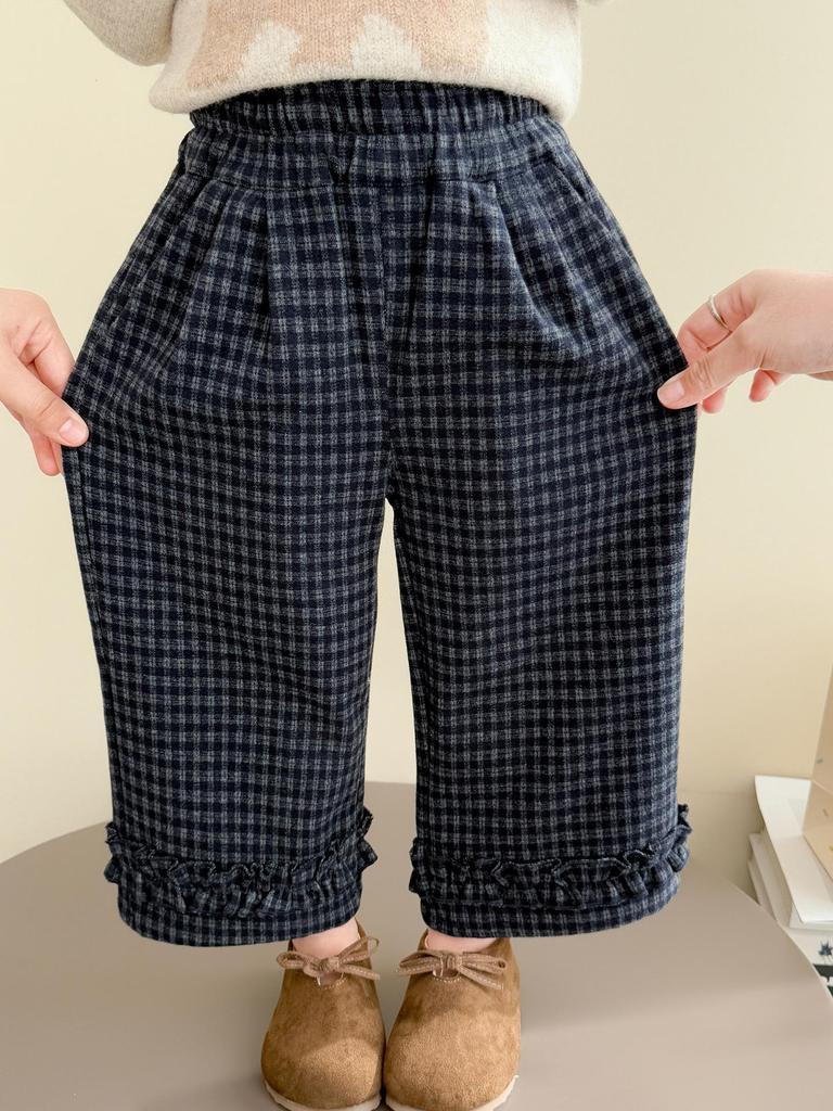 Herbst 2025 Karierte Spitzenhose mit geradem Bein für Mädchen – Stilvolle und vielseitige Freizeitkleidung