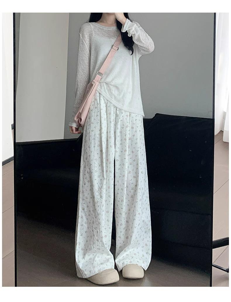 

Женские белые летние брюки с цветочным принтом, с высокой посадкой и широкими штанинами - Свободный крой, Маленький размер XL (116-125 jin)