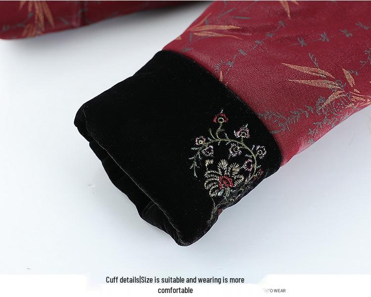 Elderly Women's Winter Cotton Jacket, Grandma’s Plus Velvet Thickened Tang Suit, Warm Stand Collar Outerwear for 70-Year-Olds