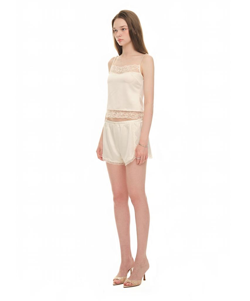 TOOMUCHTAX Lace Trim Slip Shorts Ivory