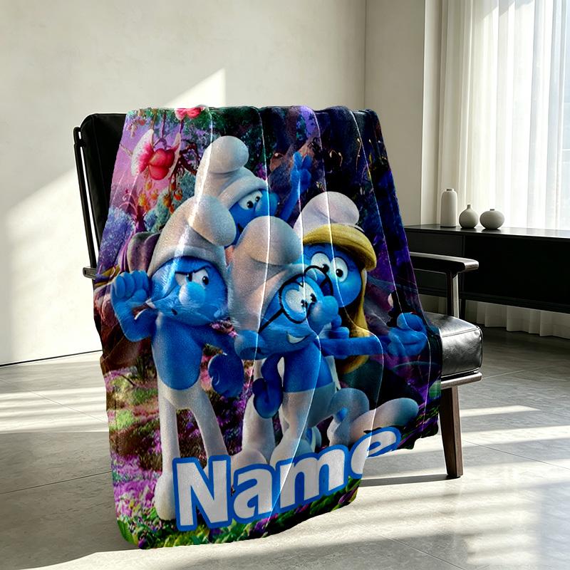 Custom Name Personalized Blue Smurfs Print Blanket, Home Decor, Bedroom, Sofa, Camping, Couch, Gifts for Birthday Christmas