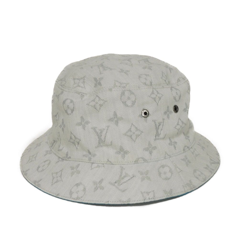 Used 12564 Reversible Bucket Hat M76213 7919 60 Logo Blue Polyester Chapeau Monogram Denim Cotton White Men's from