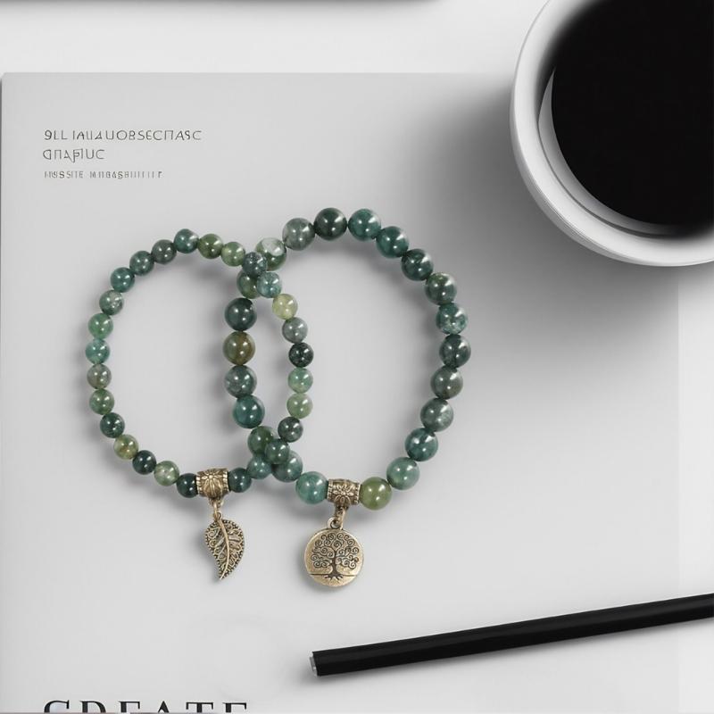 Tree Charm Bracelet Set Agates Bead  Stone Bracelets for Women Man Leaf Pendant Bangles Jewelry Gift