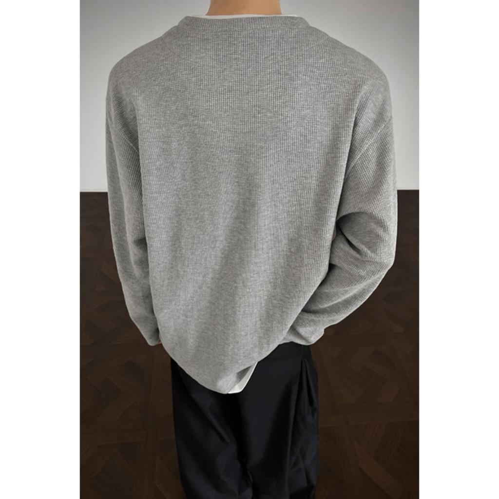 Fake Two Long Sleeved T-shirts, Men's Spring and Autumn Trend, Waffle Style Loose Fit, Bottom Layer, Simple Casual Top