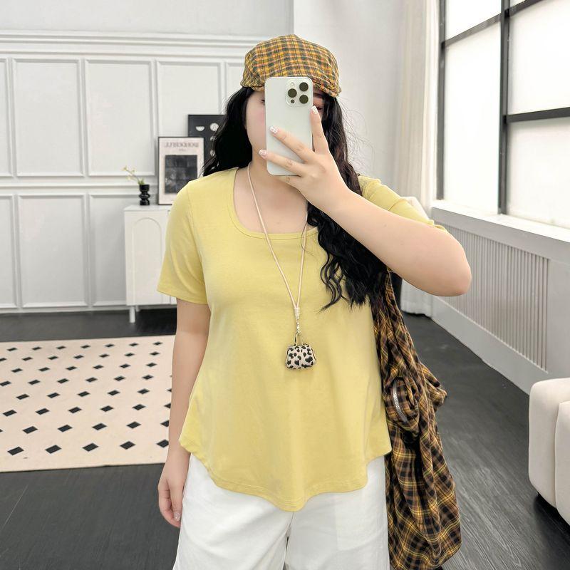 

Size Women s Clothing [Normcore Asymmetrical T] Square Collar Loose Short-Sleeved T-shirt Summer Plus Size Ladies Belly Covering Slim Looking Tops Goose yellow 5XL