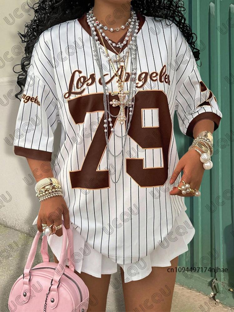 Summer New Los Angeles 79 Print Stripe T-shirt For Women V-Neck Short Sleeve Tees Sports Football Jersey Y2K Loose Oversized Top