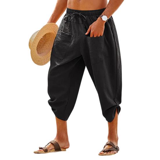 Men Cropped Pants Elastic Waist Solid Color Drawstring Soft Breathable Casual Patch Pockets Mid-calf Length Beach Trousers