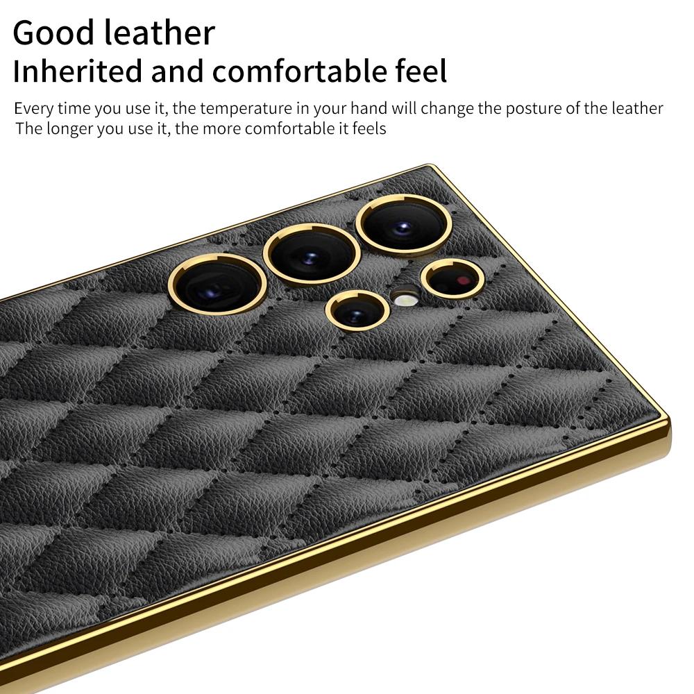 For Samsung Galaxy S24 Ultra Plus Case Luxury Electroplated Plain Leather Soft Silicone All Inclusive Shockproof Protection Case