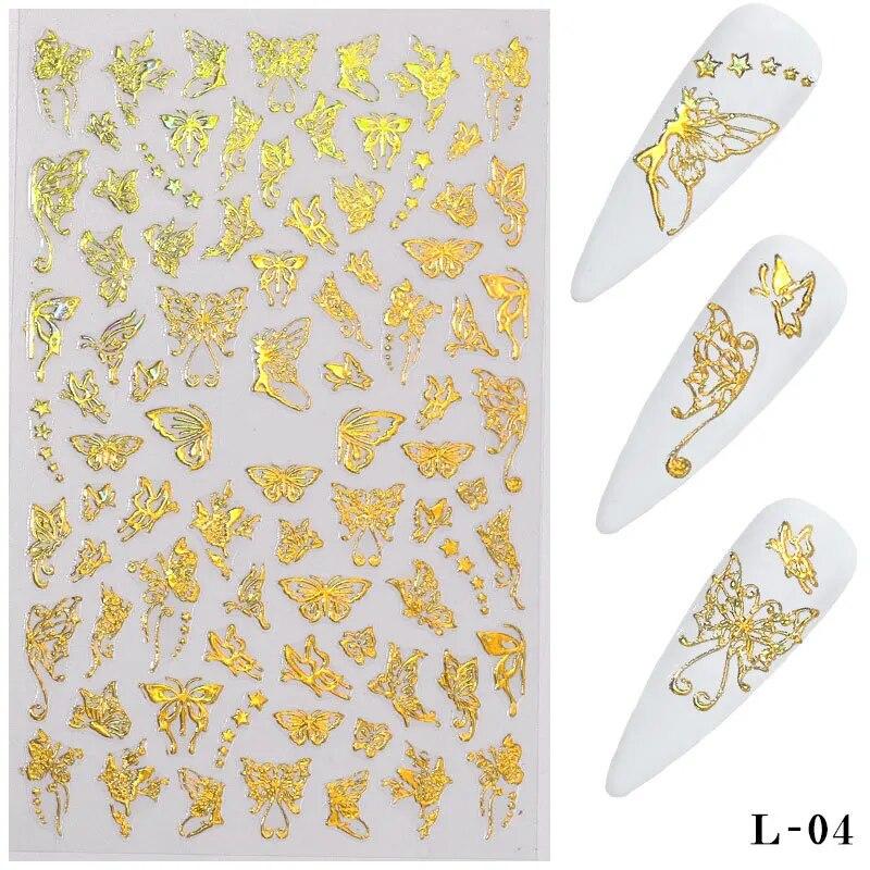 3D Holographic Butterfly Nail Art Stickers Adhesive Gold Silver Laser Foil Nail Decals For Women Girls DIY Manicure Decoration