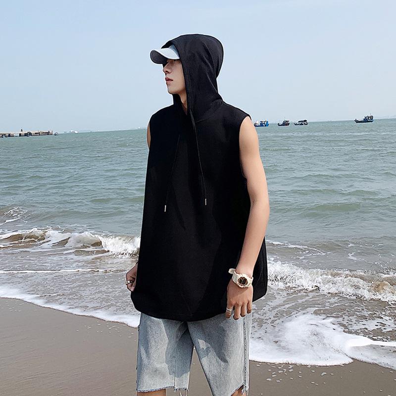 2022 Summer Men's Hip Hop Hooded Sleeveless Tank Top - Trendy Solid Color for Students