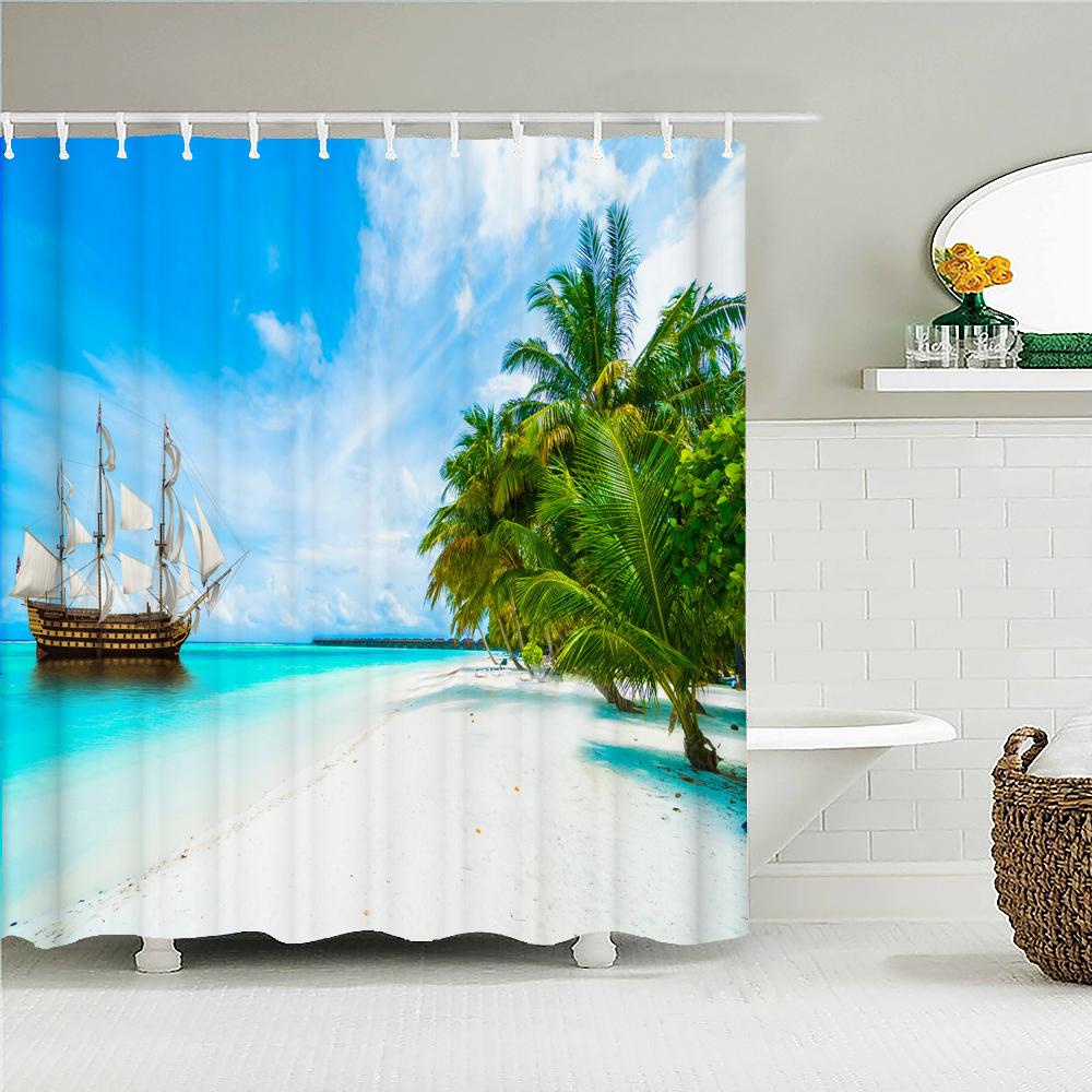Sunny Beach Seaside Scenery 3D Printing Shower Curtain Large Size 300x180cm Waterproof Polyester Home Decor Curtain With Hooks