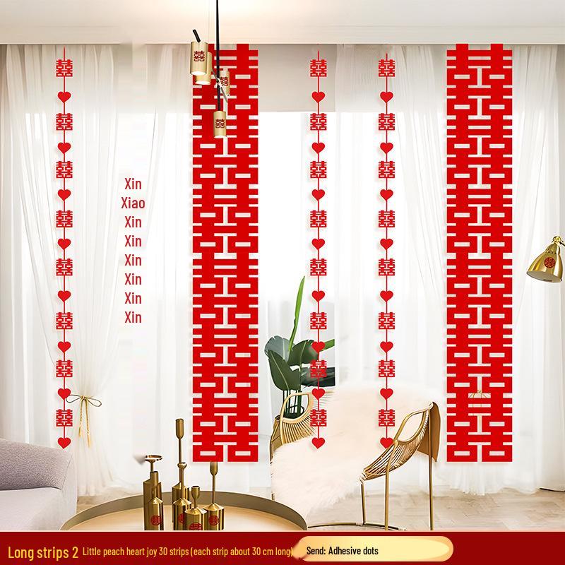 Wedding Room Decor Set: Double Happiness Curtains, Butterfly Ornaments, Stickers for Bride's Bedroom