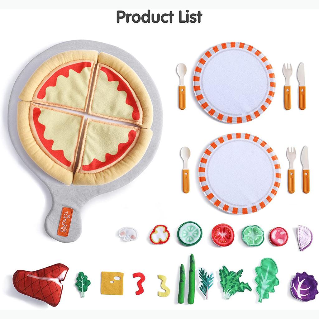 TUMAMA Pretend Play Food Set,Felt Pizza Food Toy,Play Cutting Pizza Toys with Beef Steak,Vegetables,Dinnerware and Plates Accessories for Toddlers