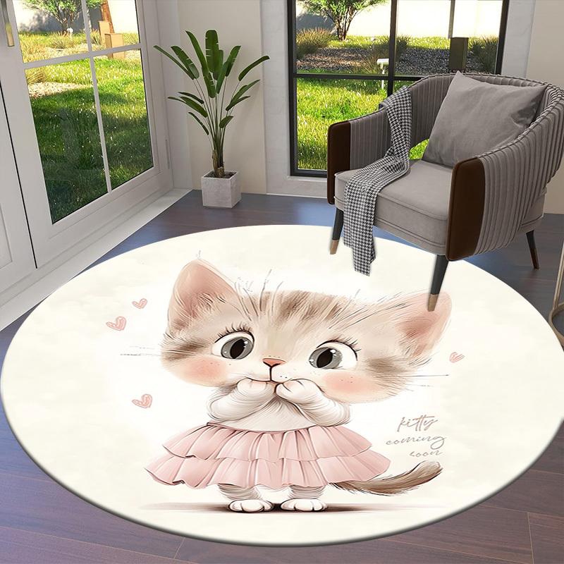 1pc Cute Kitty in Pink Dress Round carpet, Made of Polyester,Office Chairs, Living Rooms, Or Bedrooms, a Cool Rug for The Living Room.ydt26045